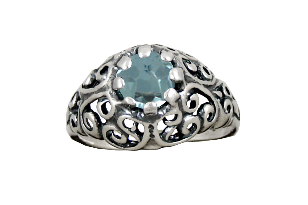 Sterling Silver Filigree Ring witha Faceted Blue Topaz Size 7